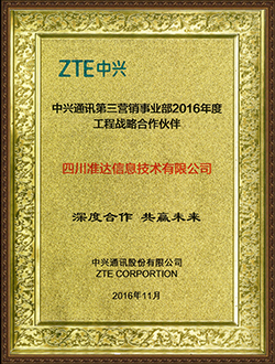 中興通訊第三營(yíng)銷事業(yè)部2016年度工程戰(zhàn)略合作伙伴深度合作共贏未來(lái)獎(jiǎng)